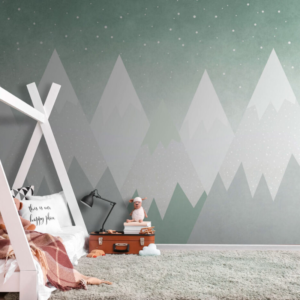Frost Crest snowy mountain wallpaper mural with snow-capped peaks and falling snow
