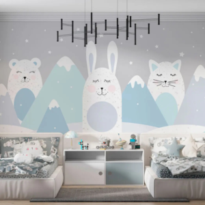 Frosty Friends polar bear wallpaper mural with polar bears, bunnies and cats among icy mountains