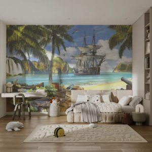 Galleon pirate ship wallpaper mural with a wooden ship near a tropical beach and treasure