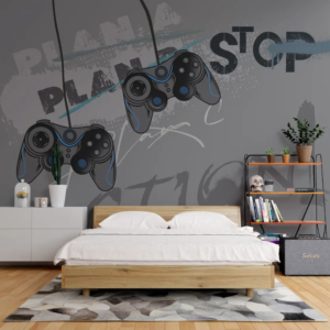 Game Pad gaming wallpaper mural with controllers on a concrete wall with graffiti text