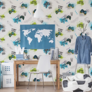 Game Power game controller wallpaper with blue, green and grey controllers in a boy’s room