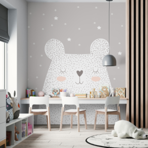 Gentle Cub sleeping bear wallpaper mural with a giant speckled bear under stars