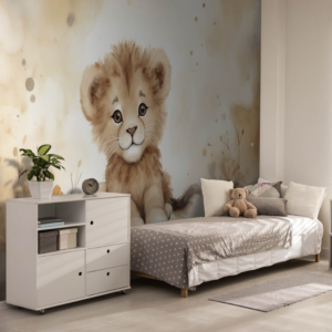 Golden Cub lion cub wallpaper mural with a watercolor lion cub on a golden paint splash