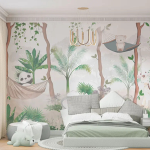 Hammock wallpaper mural with a panda and bear in hammocks and a giraffe among palms