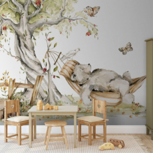 Hammock Haven wallpaper mural with a teddy bear in a hammock under a leafy tree
