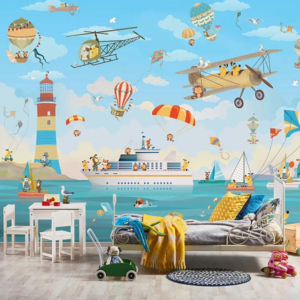 Harbor seaside harbour wallpaper mural with ships, a lighthouse, planes and helicopters