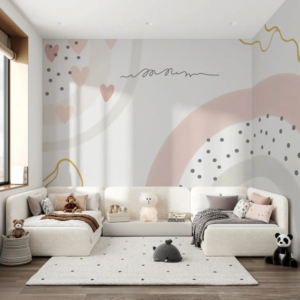 Harmony pastel arch wallpaper mural with abstract arches, hearts and polka dots