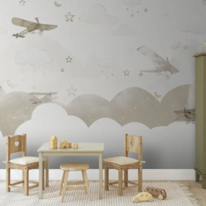Horizon vintage biplane wallpaper mural with biplanes over watercolor clouds and mountains