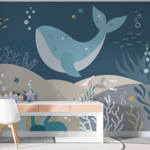 Indigo Reef indigo ocean wallpaper mural with a starry whale over coral reefs and fish