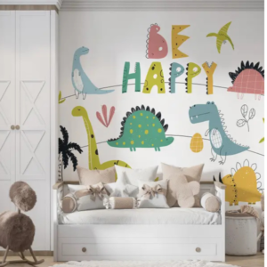 Joy dinosaur wallpaper mural with cartoon dinosaurs and BE HAPPY lettering on white