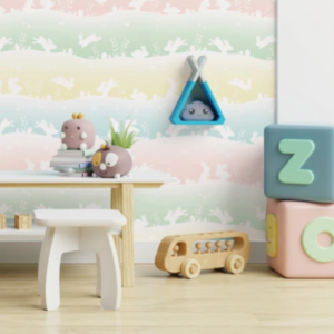 Jumping Bunny pastel bunny wallpaper with white bunnies on green, yellow and pink stripes