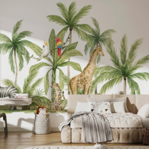 Jungle Haven watercolor jungle wallpaper mural with giraffe, zebra, cheetah and palm trees