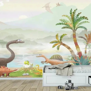 Jura cartoon dinosaur wallpaper mural with dinosaurs, palm trees and a volcano