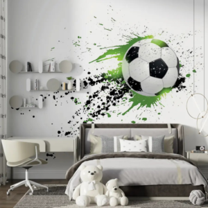 Kickoff football wallpaper mural with a soccer ball bursting through black and green paint