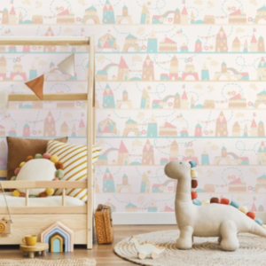 Kinder Land #1 pastel town wallpaper with towers, houses and bunting in a nursery