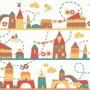 Kinder Land #2 colourful town wallpaper with towers, houses and bunting in red, yellow and teal