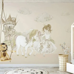Kingdom princess castle wallpaper mural with a castle, unicorn and princess in neutral sketch
