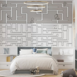 Labyrinth maze wallpaper for kids with stick figures navigating geometric paths