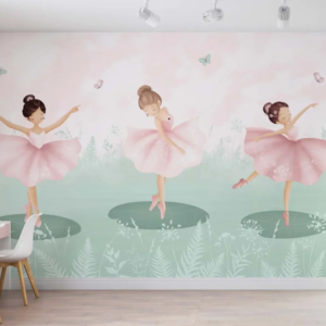 Lake Ballerinas wallpaper mural with ballerinas in pink tutus on lily pads over sage water