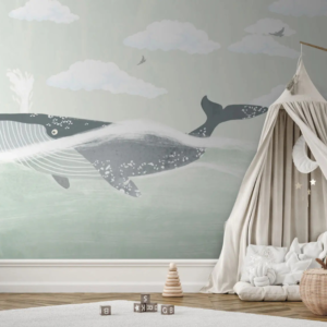 Leviathan blue whale wallpaper mural with a whale gliding through mist and waves