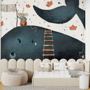 Leviathan wallpaper mural with a mouse climbing a rope ladder onto a giant whale
