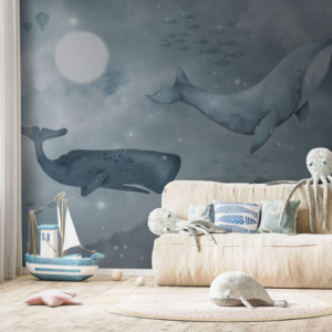 Leviathan Moon wallpaper mural with watercolor whales under a full moon and starry sky