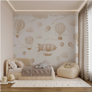 Linen Sky wallpaper mural with line-art airships, zeppelins and balloons on warm beige