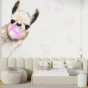 Llama Pop llama wallpaper mural with a llama blowing a pink bubblegum bubble