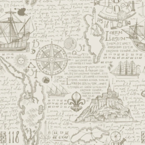 Load Venture #2 vintage nautical map wallpaper with ships, compass rose and script on cream