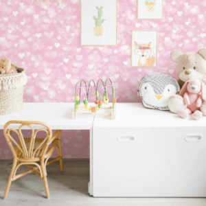 Love Holic pink heart wallpaper with white hearts on a pink background in a girl’s room – view 2