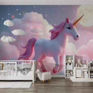 Lumina 3D unicorn wallpaper mural with a unicorn, glowing clouds and a radiant moon