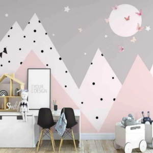 Luna Mountain wallpaper mural with grey and pink geometric peaks, stars and butterflies