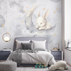 Lunar Lullaby wallpaper mural with a bunny sleeping on a crescent moon among clouds and stars