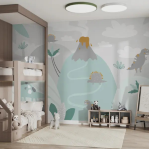 Magma pastel dinosaur wallpaper mural with dinosaurs and volcanoes on soft grey