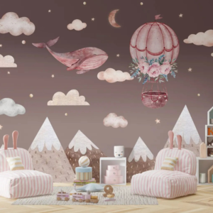 Mauve Haven wallpaper mural with a floral hot air balloon and sky whale over mauve mountains