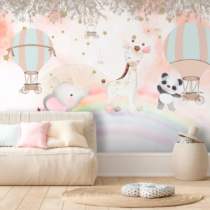 Meadow pastel animal sky wallpaper mural with elephant, giraffe and panda and hot air balloons