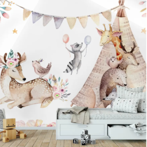 Meadow teepee forest animal wallpaper mural with a deer, raccoon and giraffe by a teepee