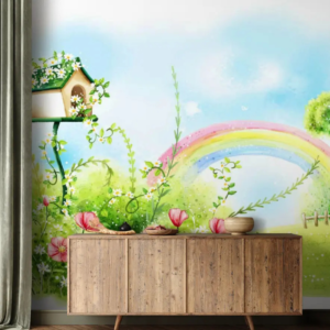 Meadow rainbow cottage wallpaper mural with a cottage, flowers and a rainbow over a green meadow