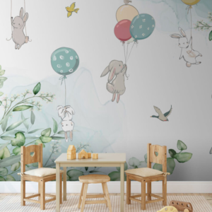 Meadow Breeze wallpaper mural with rabbits floating on colourful balloons among eucalyptus