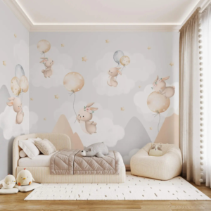 Meadow Drift wallpaper mural with bunnies floating on golden balloons over beige mountains