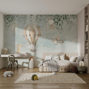 Meadow Flight wallpaper mural with a bunny on a swing among eucalyptus leaves and balloons
