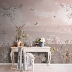Meadowland wallpaper mural with deer and rabbits among grasses and dandelions under a pink sky