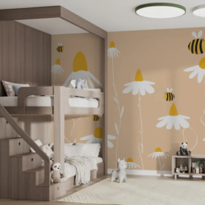 Meadowlark daisy wallpaper mural with oversized white daisies and bumblebees on ochre