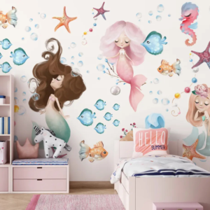 Mermaid wallpaper mural with mermaids, tropical fish, golden starfish and bubbles