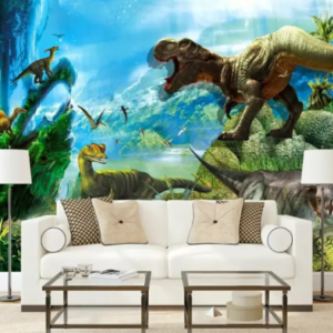 Mesozoic teal dinosaur wallpaper mural with roaring dinosaurs in a tropical landscape