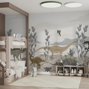 Mesozoic wallpaper mural with gentle dinosaurs among bamboo stalks and misty volcanic mountains