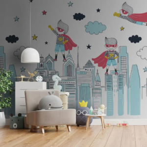 Metropolis superhero wallpaper mural with caped heroes flying over city skyscrapers