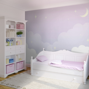 Midnight Glow ombre night sky wallpaper mural with clouds, moon and stars in purple to pink