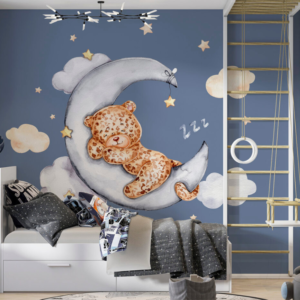 Midnight Sleep wallpaper mural with a cheetah cub sleeping on a crescent moon on slate blue
