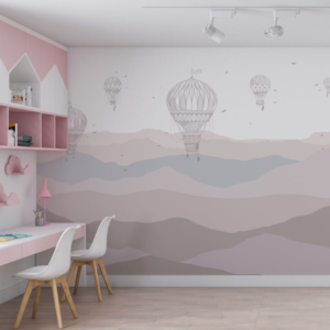 Misty Flight wallpaper mural with sketched balloons over dusty rose and grey-purple mountains